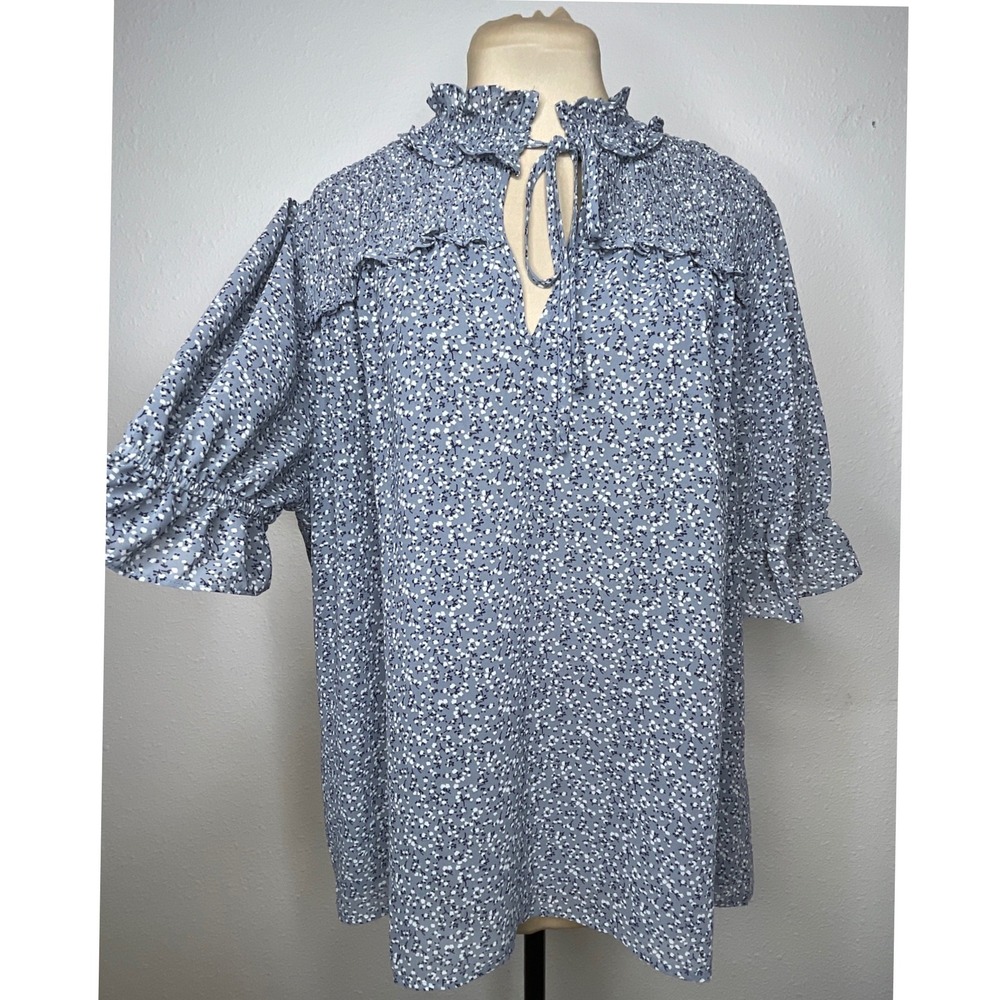 Pleione Women Blouse Smocked Ruffle Floral Boho Cottagecore Peasant Large Blue